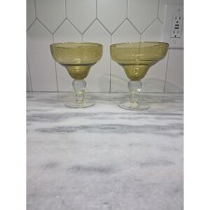 Pier 1 AMBER BUBBLE HAND‎ BLOWN MARGARITA COCKTAIL GLASS - Discontinued Set Of 2